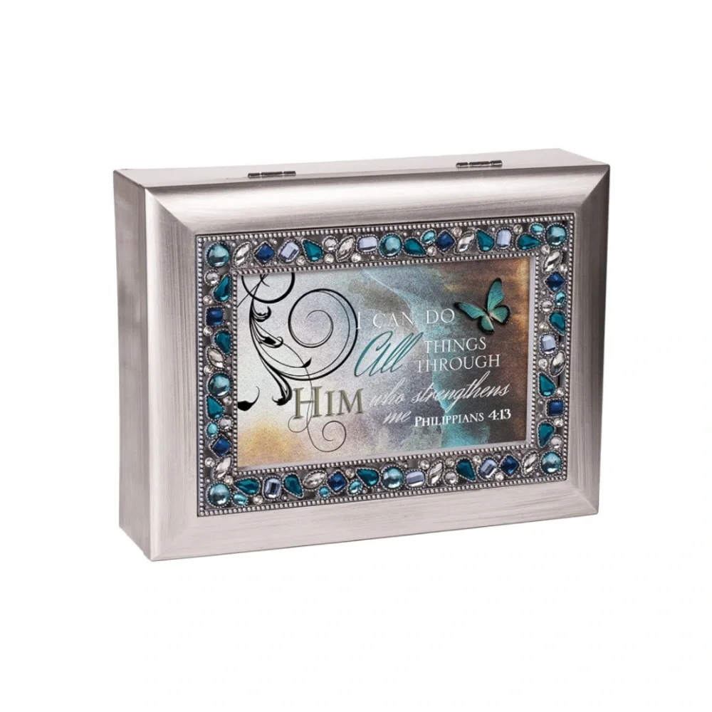 “Can Do All Thing Through Him” Brushed Silvertone Jeweled Music Box